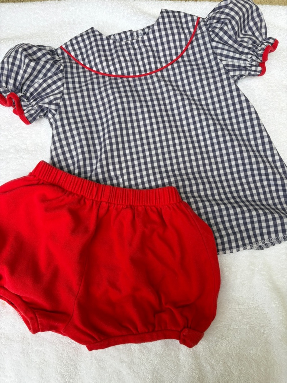 Toddler Red Bloomers and Navy Gingham Top Set